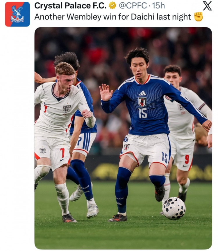 开云体育入口-水晶宫官推晒镰田大地比赛照:昨晚大地再一次在温布利取得胜利